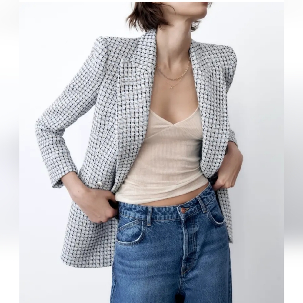 Zara woman double breasted textured weave blazer jacket tweed plaid blue knit XS